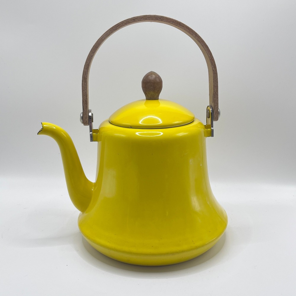 Vintage Yellow Enamel Tea Kettle Mid Century Wood Handle